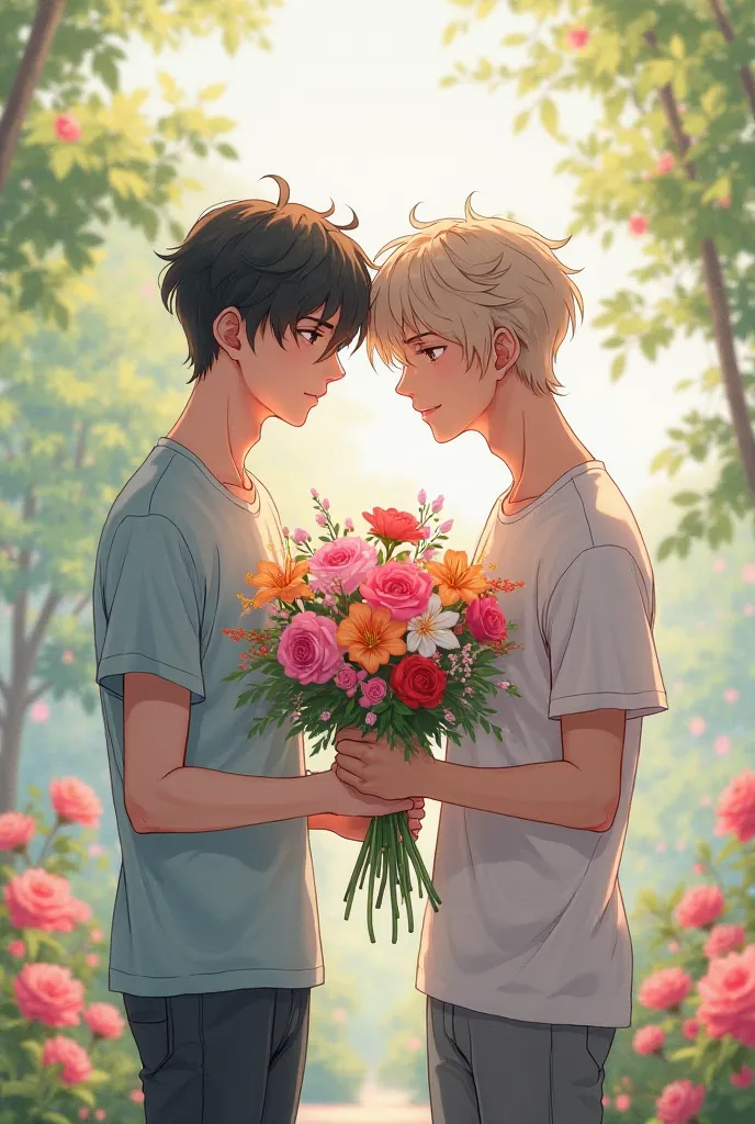 anime guys give bouquets 