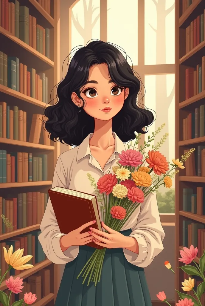 contemporary cartoon woman with bouquet of flowers and book in library, smaller eyes, łagodnie retro kolory