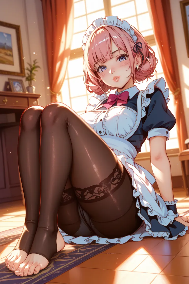 1 girl、maid clothes、 sits on the floor、frill socks、 taken from below、 Ashikiri、Embarrassed、bike shorts、Puffy Lips、toeless leggings、cross lace leggings、masterpiece、Top Quality、uncorrected、real、4K、HDR、Bokeh、realistic、physically-based rendering、Extreme detail...