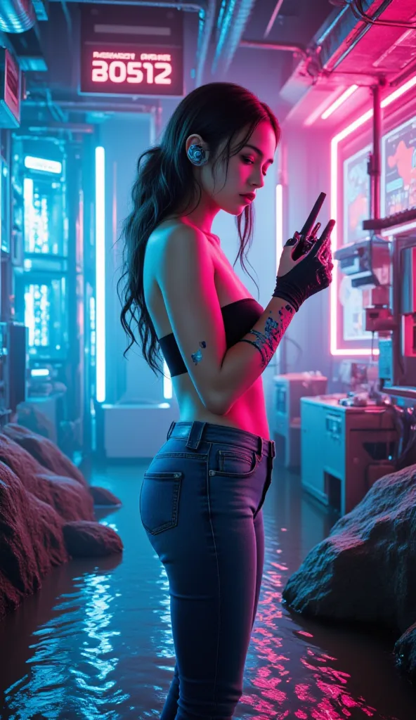 Cybernetics girl, wearing , top, jeans, cloth, highly advance, neon, testing river water , ultra real 