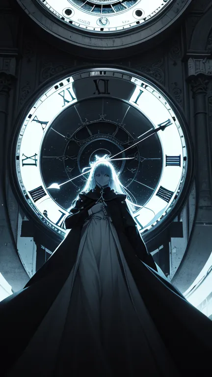 masterpiece,1 girl,light blue long hair,blue eyes,white dress,((big clock)),((big gear)) Lots of gears,administrator of time,image of mirror chronos,high fantasy,anime art wallpaper 4k,(high contrast),mysterious atmosphere,mysterious light