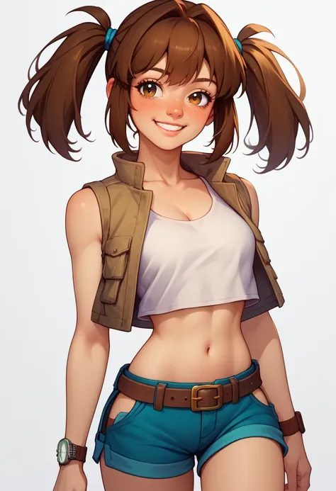 score_9, score_8_up, score_7_up, empty white background, drunk who exposes his thighs_ hiccups,Fiogelmi, brown hair, glass,  medium hair, ponytails for beautiful people, brown eyes, crop top, Watch, jacket, SHORTS, sleeveless, belly button, belt,  stand st...