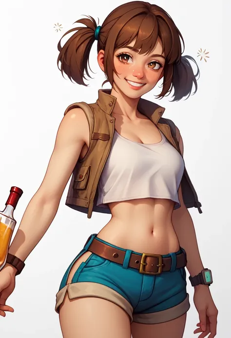 score_9, score_8_up, score_7_up, empty white background, drunk who exposes his thighs_ hiccups,Fiogelmi, brown hair, glass,  medium hair, ponytails for beautiful people, brown eyes, crop top, Watch, jacket, SHORTS, sleeveless, belly button, belt,  stand st...