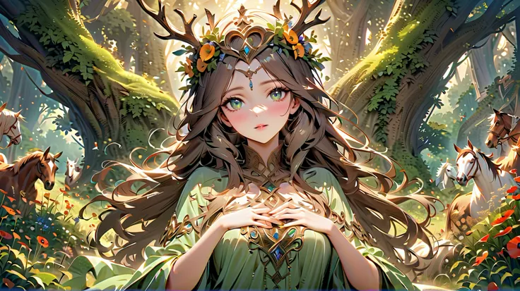 Create an image of the goddess Epona, embodied as a majestic and gracious figure standing in the center of a lush, mystical landscape. Her long, wavy, wheat-colored hair is woven with wildflowers and gold threads, and on her head she wears a crown of inter...