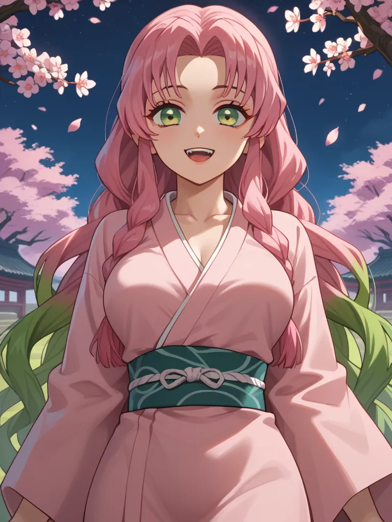 Mitsuri Kanroji from demon slayer, in a hot green and pink kimono,out in the night, by a cherry blossom tree, she have a hot body shape, she have pink hair with greenhighlights,green eyes, Accurate, Masterpiece, Award Winning, Best Quality, Very Long Hair,...