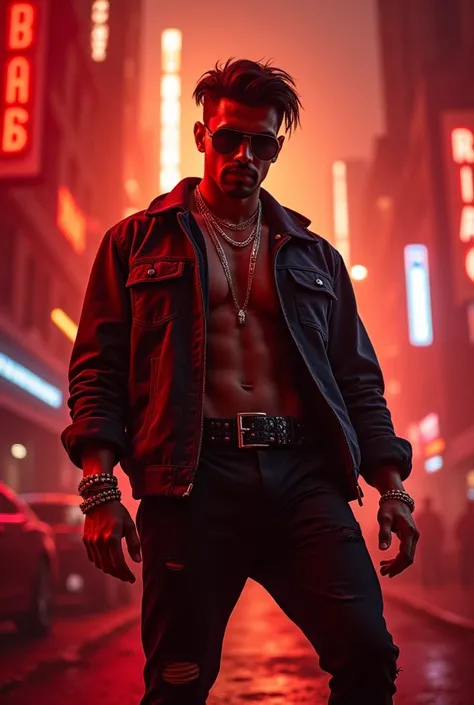 Bollywood rap song thumbnail for 'Ishq Mein Imaan'—a stylish male rapper in a dynamic pose, intense expression, neon city lights, dramatic shadows, bold red-gold tones, cinematic and high-energy look.