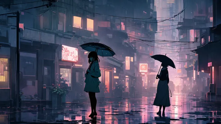 An anime-style illustration capturing the essence of '深夜の街をゆっくり歩く' for a Lo-Fi aesthetic. The scene features a quiet midnight cityscape with soft neon lights reflecting off wet streets after a light rain. A young woman walks alone, holding an umbrella, her...