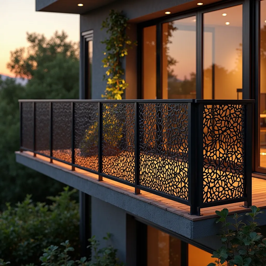 A modern balcony with an intricate laser-cut metal railing featuring an organic, abstract pattern. The balcony has a sleek black frame and a warm wooden floor, surrounded by lush green plants. The setting is at sunset, casting a soft golden glow on the rai...