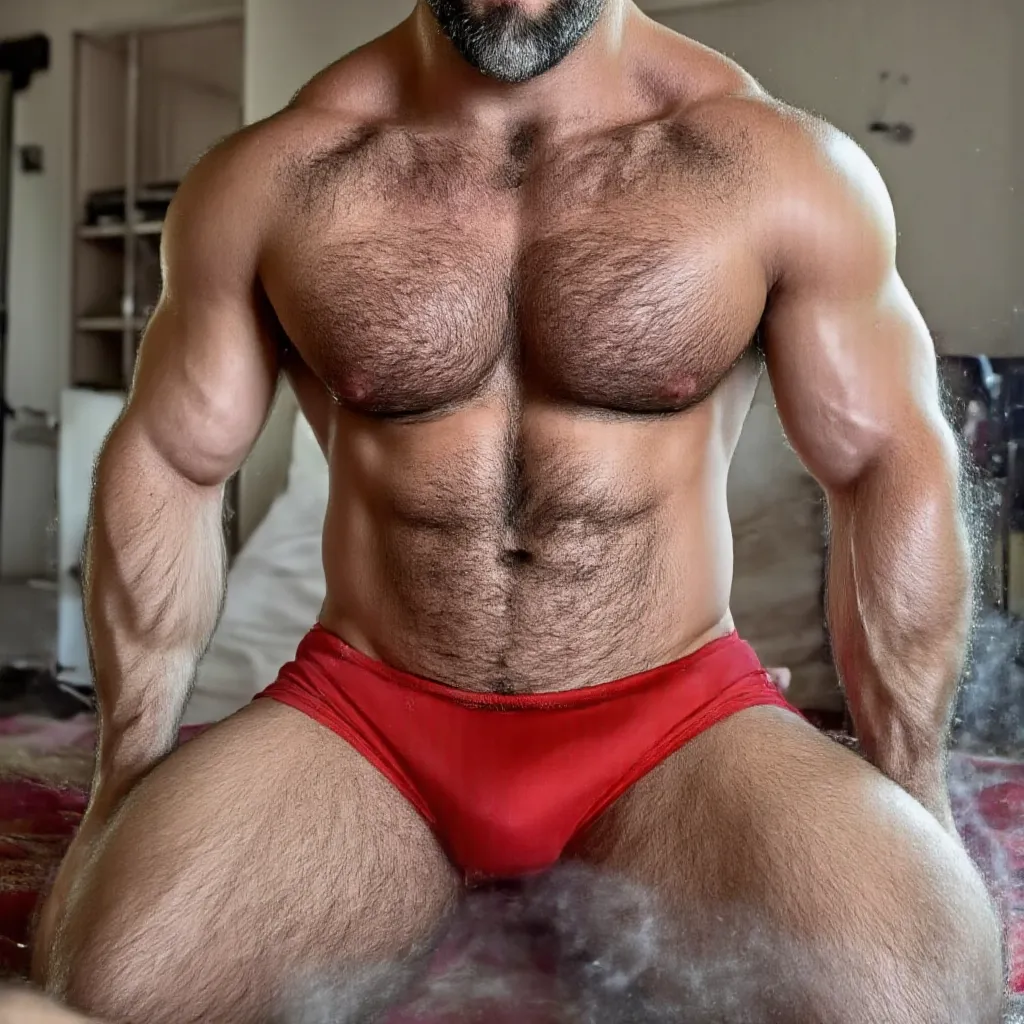 a hyper realistic portrait of two muscular bodybuilder, heavy hairy chest, man with dark short silver hair, wearing only worn red tight briefs showing gigantic bulge, with massive hairy pecs, really hairy armpits, heavily wet skin, big arms, massive trapez...