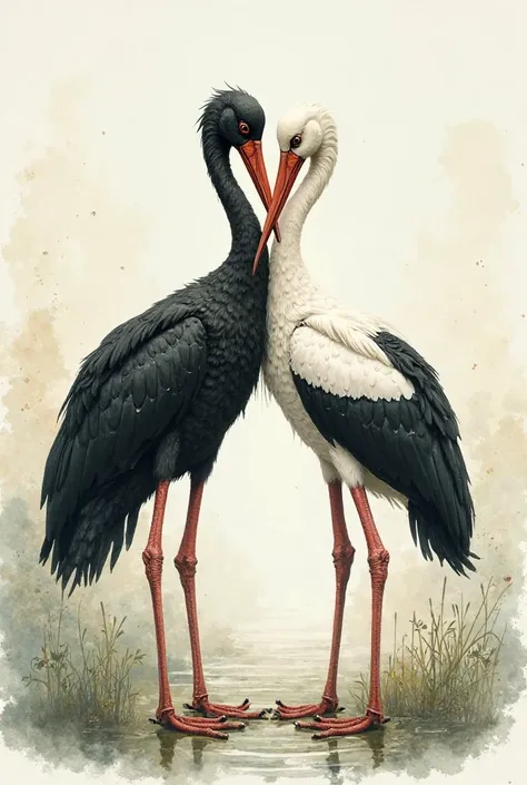 Drawing as painted in watercolor of two storks, one black and one white, embracing each other. 