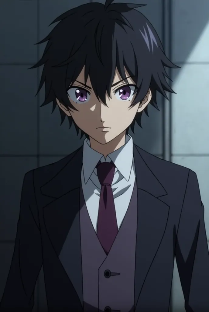 anime character with purple eyes and black hair in a dark suit, inspired by Okumura Masanobu, inspired by Okumura Togyu, in the anime film, still from tv anime, hijikata toushirou, today's featured anime still, okata kazuto, male anime character, hajime ya...