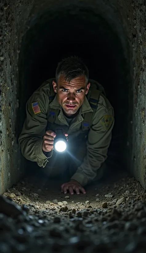 A brave American soldier cautiously crawling into a dark, narrow tunnel with only a flashlight in hand. Sweat drips down his face as he prepares to enter the unknown, knowing danger lurks inside.