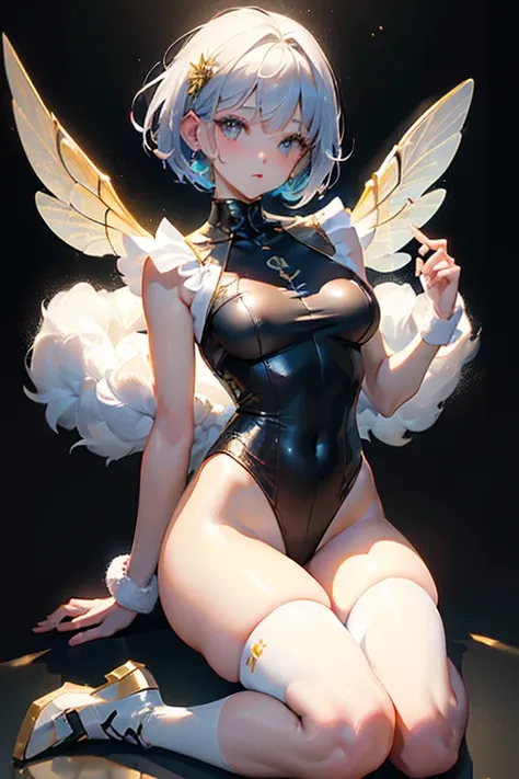 (((((masterpiece))))、((   Unity 8K Wallpaper   、  cinematic light  、 Super Detail、 Top Quality)) 、《Super short cut hair：1.2》、 Android adult woman with fair skin and very beautiful skin、 with bee wings growing on the back  、 Hi-leg Leotard Armor with Black ...