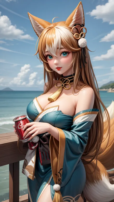 masterpiece, best quality, high quality, upper body,  outdoor, looking at the spectator, 1 girl, hina-fi , bicolor hair,  Japanese clothing, Green Kimono, cola, bare shoulders,cola, with cola,wide hips,beautiful,beautifuls piernas,SEDUCTIVE FACE,seductive ...