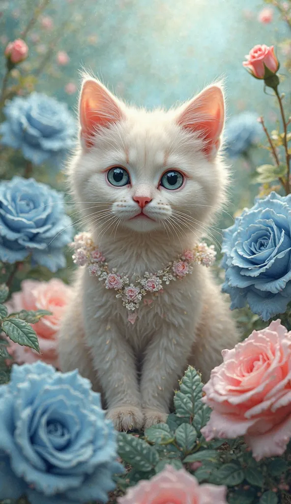  The fluffy cat wears a floral dress that looks like a doll with lace、I'm sitting surrounded by blue roses 　Colourful roses　Kittens also have 1 small rose flower on their ears。
There is only one cat