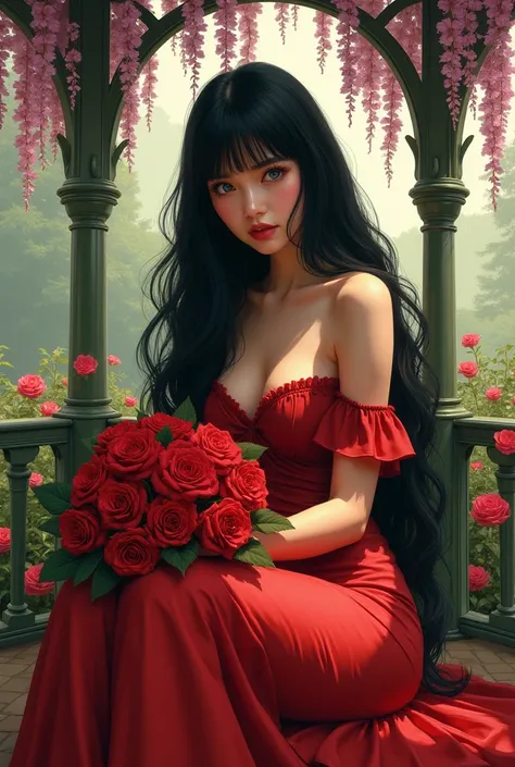 1 young attractive, sexy, seductive woman, Incredibly beautiful femme fatale with very long thick luxurious black voluminous hair, beautiful hair below the waist, lilac eyes, long bangs. She is wearing a long red vintage off-the-shoulder dress that perfect...