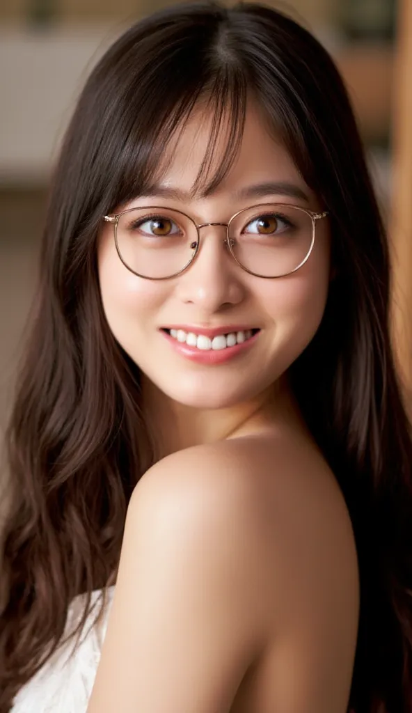 A young asian woman with long, wavy brown hair cascades past her shoulders, framing her delicate face with a soft elegance. Her almond-shaped eyes, accentuated by long, naturally curled lashes, shine with warmth and curiosity behind a pair of stylish black...