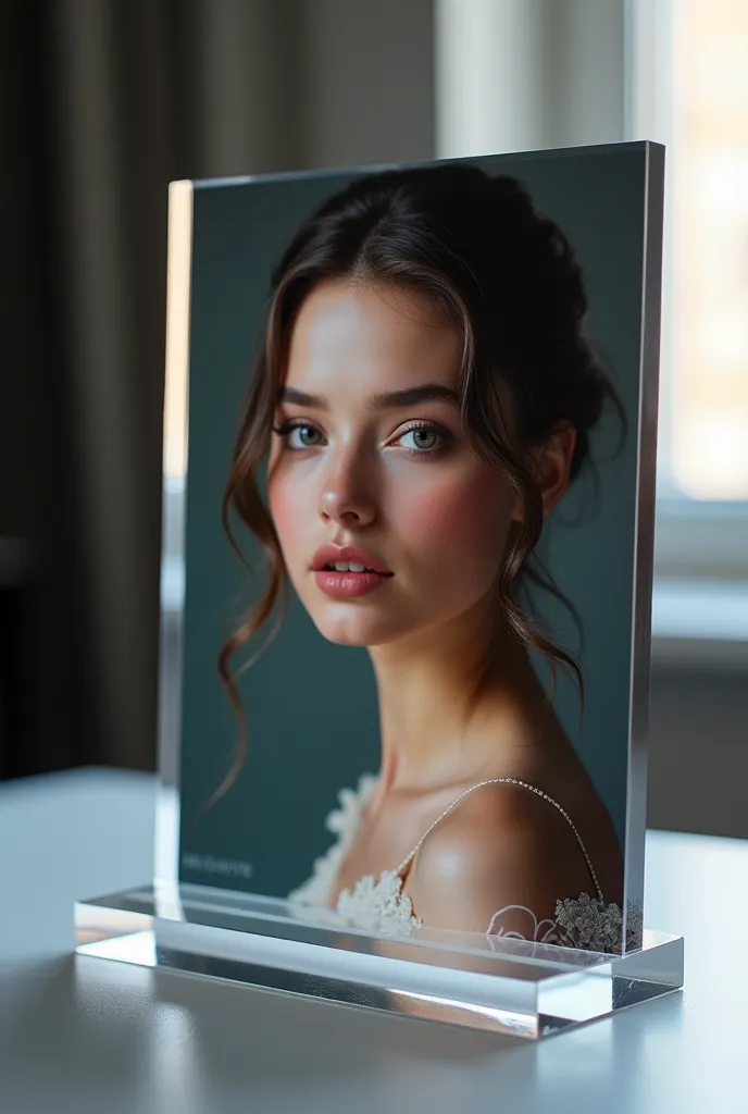 An acrylic stand with a picture of a beautiful girl printed on it is placed on the desk