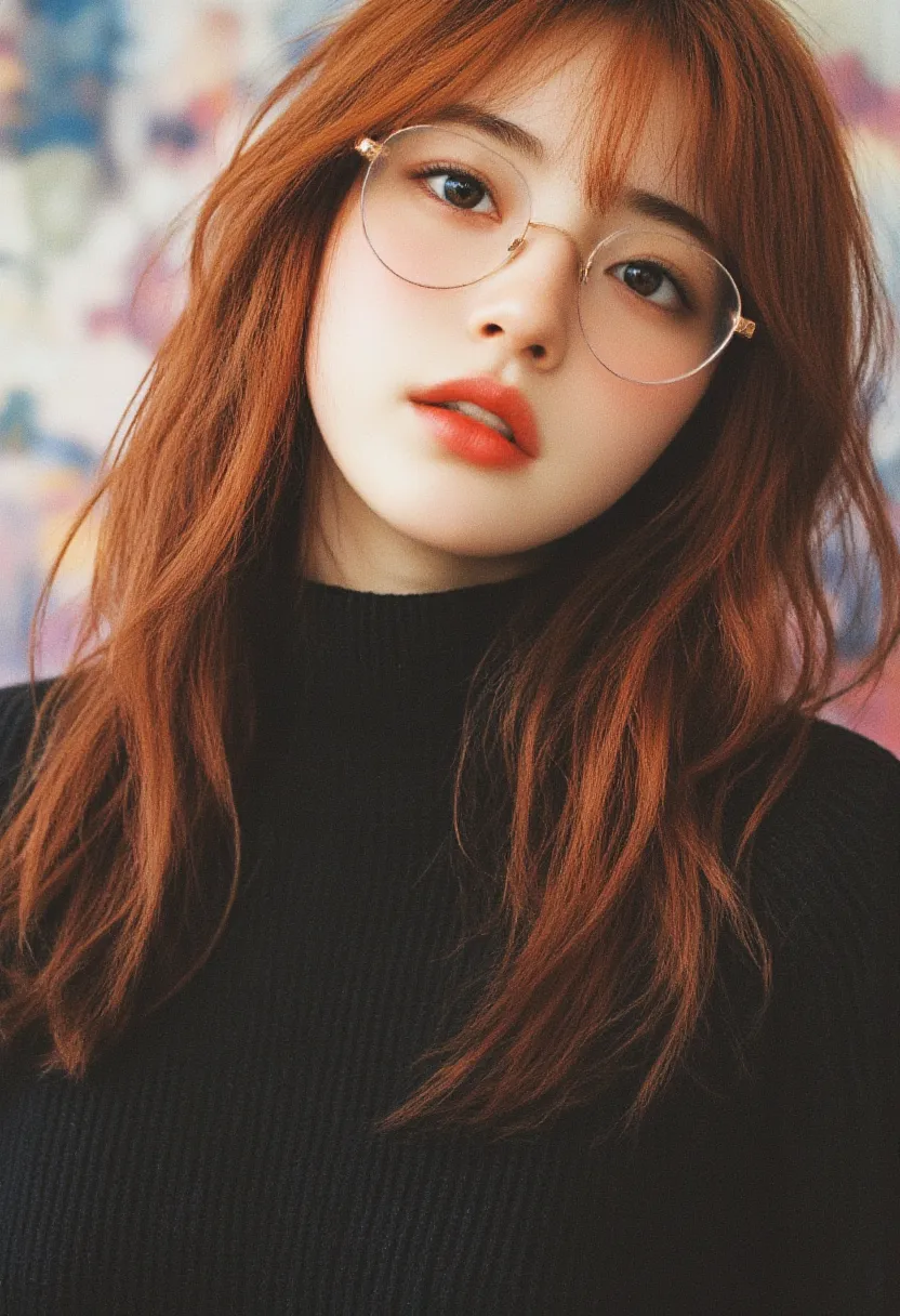 8k, masterpiece, highest quality, Beautiful Women, Close-up, Red hair, pale skin, orange-red lips, large eyes, round glasses, ((medium breasts, breasts apart, (erect nipples, covered nipples:0.7), sultry bombshell)), black turtleneck knit sweater that fits...