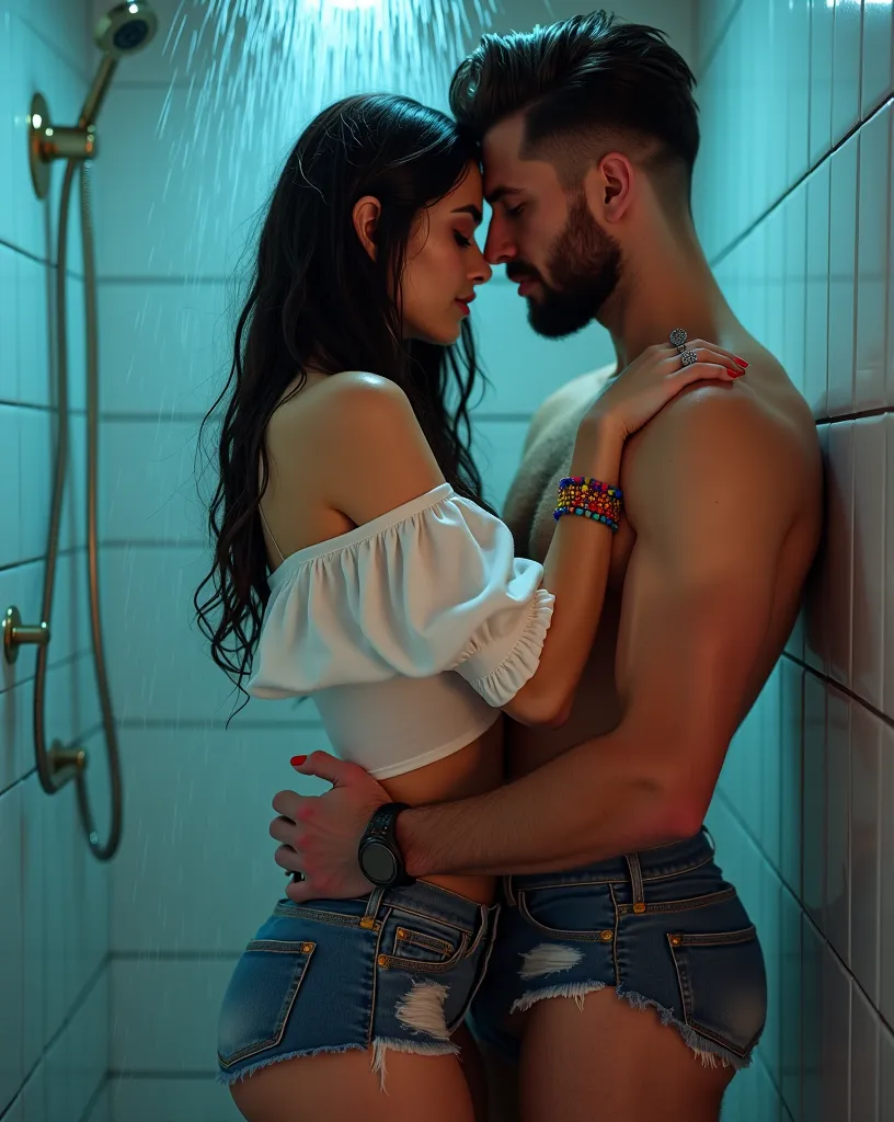 Front view shot captures ultra-wide angle of a 24-year-old Ukrainian brunette model and her 30-year-old Caucasian partner in a steamy encounter. The woman's heart-shaped face, porcelain skin, and shiny complexion glow amidst the vibrant colors. Her medium-...