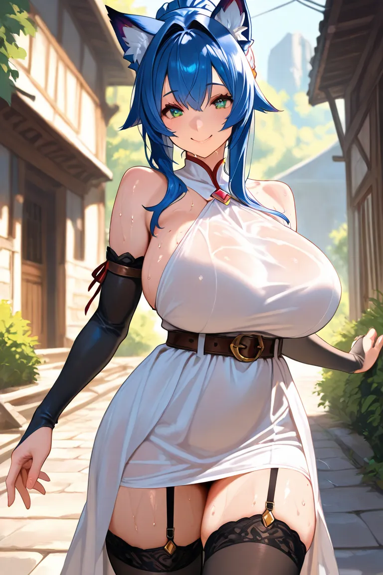 masterpiece, best quality, highres, fel1, bridal gauntlets, black thighhighs, bare shoulders, belt, garter straps, white dress, elbow gloves, outdoors, cowboy shot, huge breasts,smile,sweating