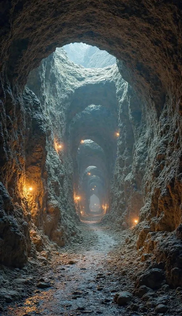 A breathtaking wide shot of an immense tunnel system running deep underground. The network extends endlessly, with interconnected chambers, living quarters, weapon storage, and strategic escape routes, showcasing the scale of this hidden fortress.