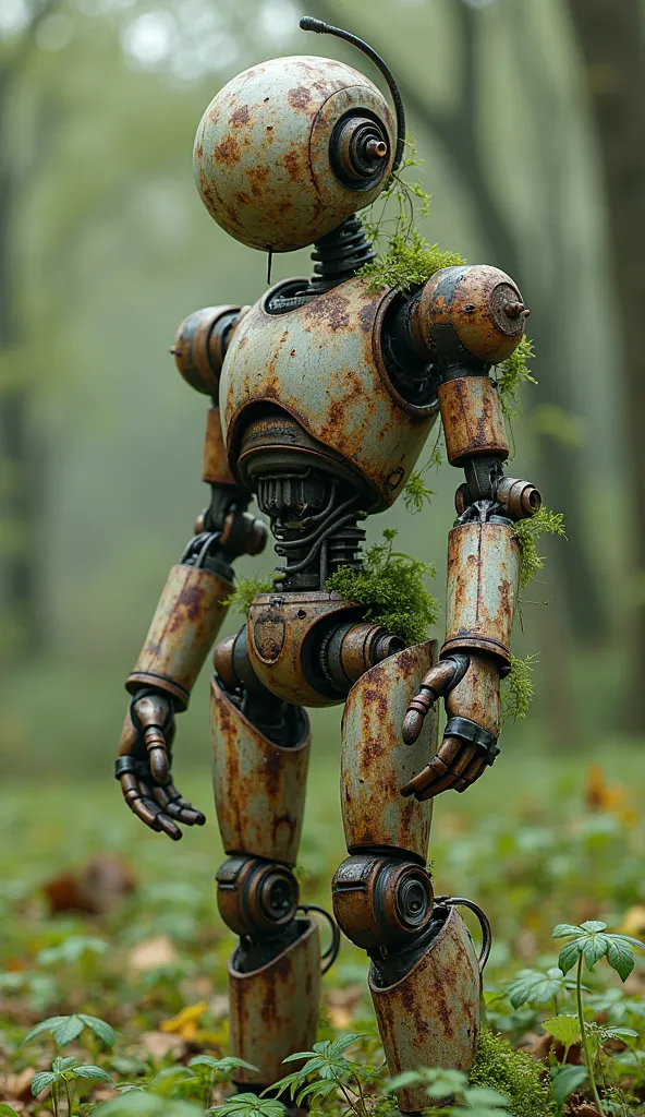 old robot、There's a little bit of moss on it、Made of rusty iron