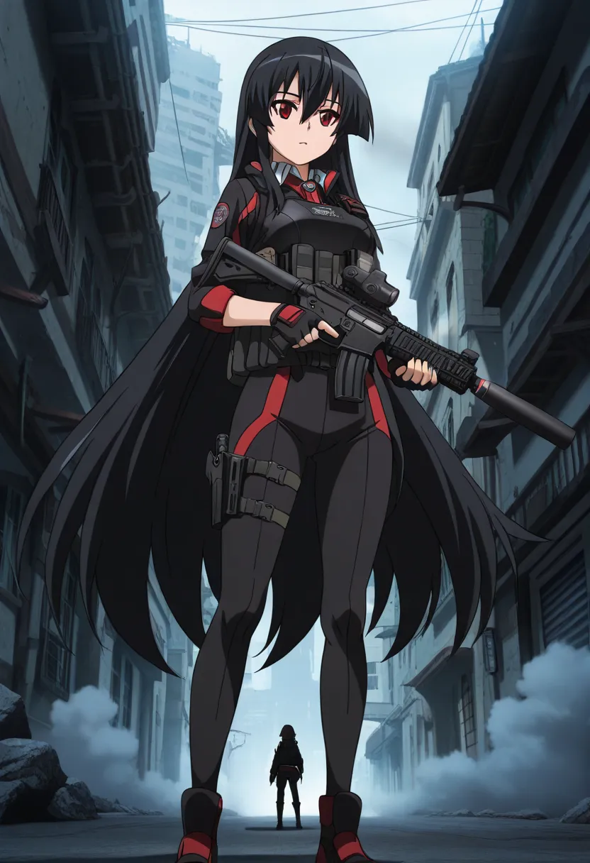 anime, screencap, anime coloring,(masterpiece),(best quality),(ultra-detailed),(best illustration),(best shadow),(absurdres),(detailed background),(very aesthetic), akame-illustxl, 1girl, very long black hair, red eyes, wearing a sleek black tactical suit ...