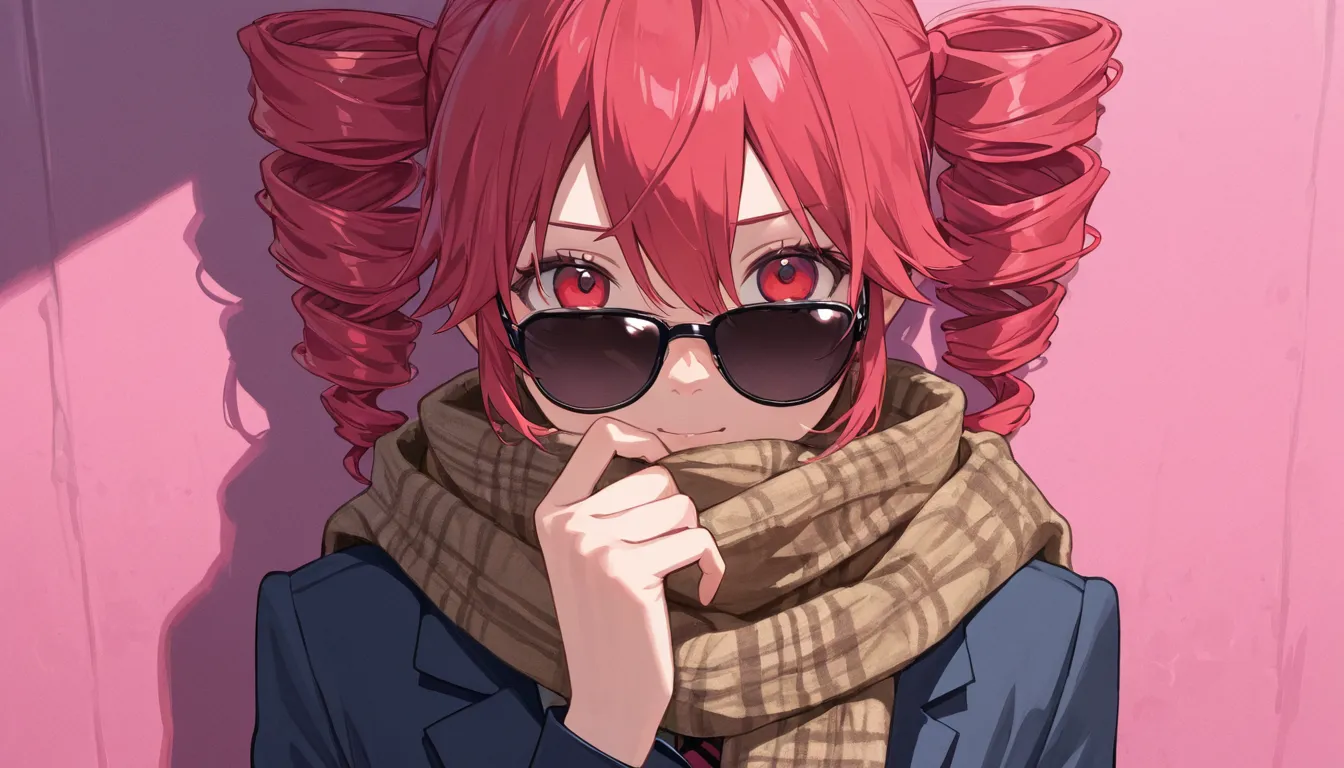 Kasane Teto wearing sunglasses and a scarf up to his nose on a pink wall