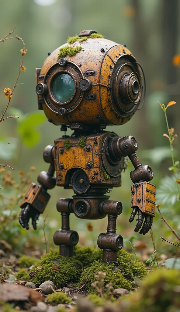 old robot、There's a little bit of moss on it、Made of rusty iron、Small