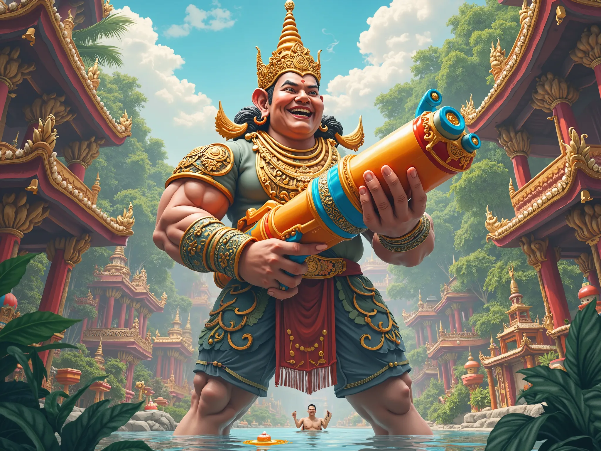 Thai style giant playing with a water gun