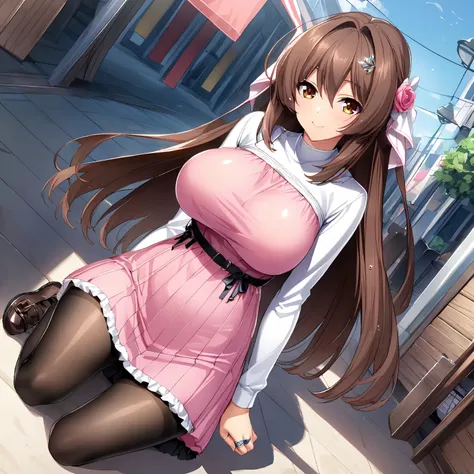 (masterpiece),(best quality),(super detailed),( best illustration),(best shadow),(アブサー dress),(detailed background),(very aesthetic),  Katsuragi Marina , casual clothes, 1 girl, Alone, long hair, brown hair, big breasts, pantyhose,  jewelry,  dress, ring, ...