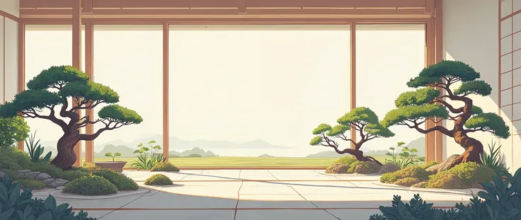 illustration in soft colors predominating , minimalism of a Japanese style living room with window to see the minimalist Japanese garden with bonsai trees, the stage evokes energy and elegance