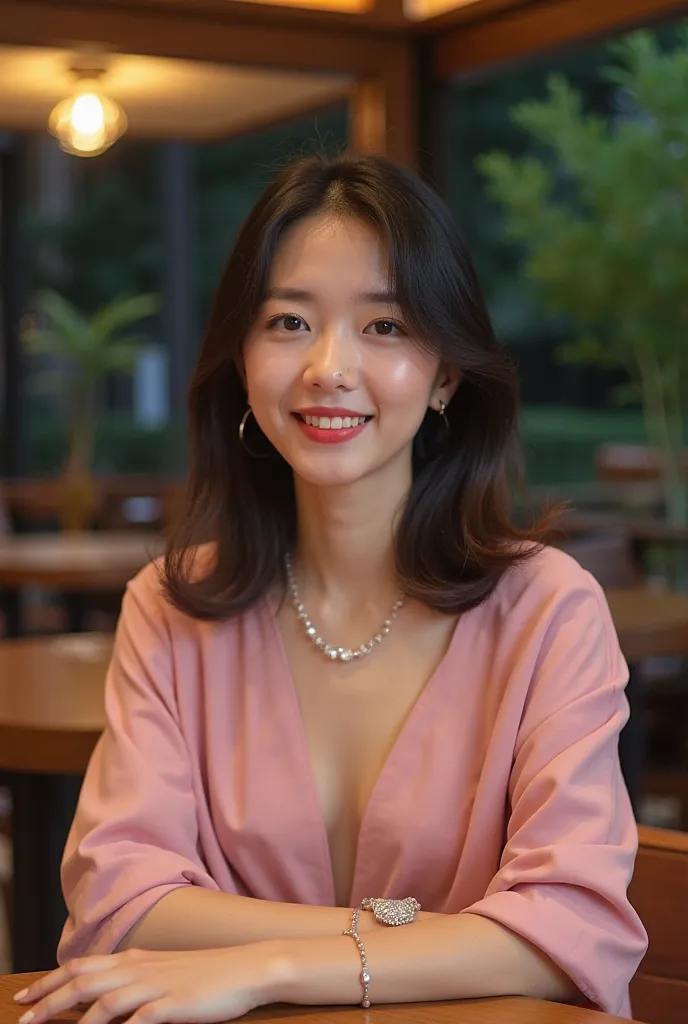 Portrait of a beautiful young Asian woman with shoulder-length hair, sitting comfortably at a table with a soft and calm expression and smiling sweetly at the camera, as if enjoying the evening atmosphere. , complementing her loose clothing (pink), which e...