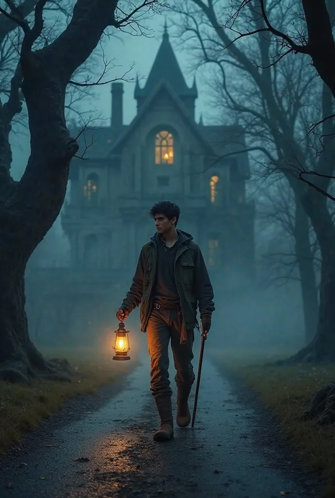 "Veer, a young and fearless man, walks towards the haunted mansion at midnight. He holds a bright lantern in one hand and a wooden stick in the other. His face is determined, and he is dressed in a rugged outfit suitable for an explorer. The road is dark a...