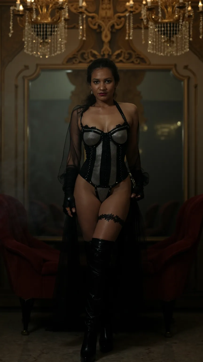 A sultry, high-fashion editorial shot in a grand Victorian mansion, dimly lit by opulent crystal chandeliers. A curvaceous, statuesque beauty stands at the foot of an elaborate velvet chaise lounge, her dark eyes smoldering with confidence. She wears an av...