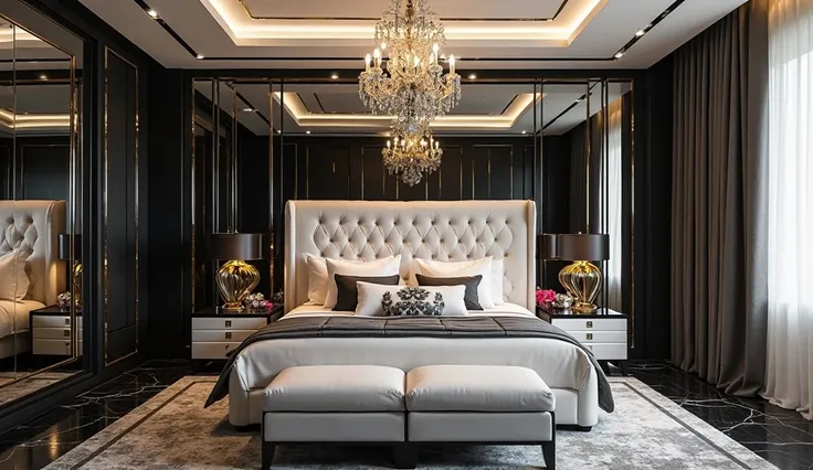 A luxurious modern bedroom with a striking black, white, and gold color scheme. The room features a plush king-sized bed with a tufted white headboard, elegant gold-accented nightstands, and sleek black marble flooring. A statement chandelier, mirrored sur...