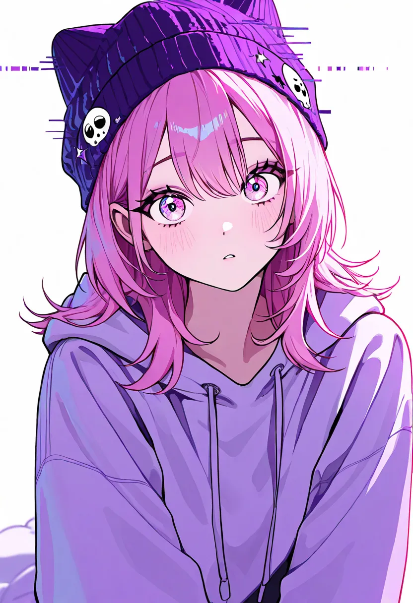 white background, Witchtok, Amethyst, Beanie Hat, Pastel Goth Pink Eyes, Glitching Blue Eyes