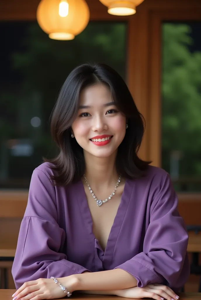 Portrait of a beautiful young Asian woman with shoulder-length hair, sitting comfortably at a table with a soft and calm expression and smiling sweetly at the camera, as if enjoying the evening atmosphere. , complementing her loose clothing (purple), which...