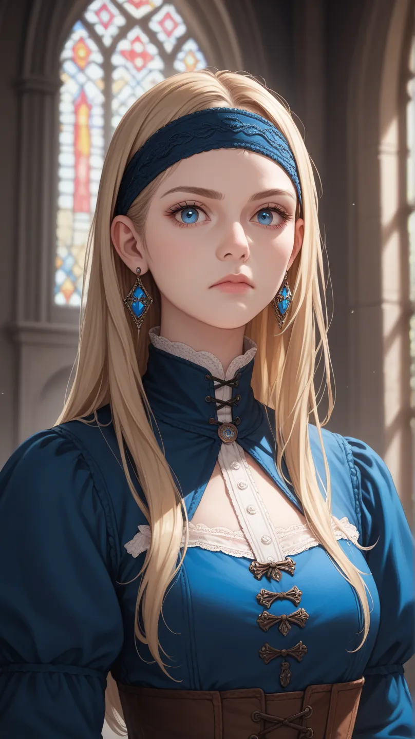 A photo-realistic shoot from a portrait camera angle about a young woman dressed in a medieval-inspired outfit, featuring intricate lace details and a blue and gold color scheme. the image also shows a close-up of the subject's face and upper body. on the ...