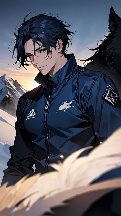 (Best picture quality, High res, Very high res), abstract, masculine, dark blue hair, 33 years old, dark blue eyes, jacket, black and  dark blue  pilot suit, dark blue gaze, calm, quiet, gentle smile, observatory, with wolf, dawn