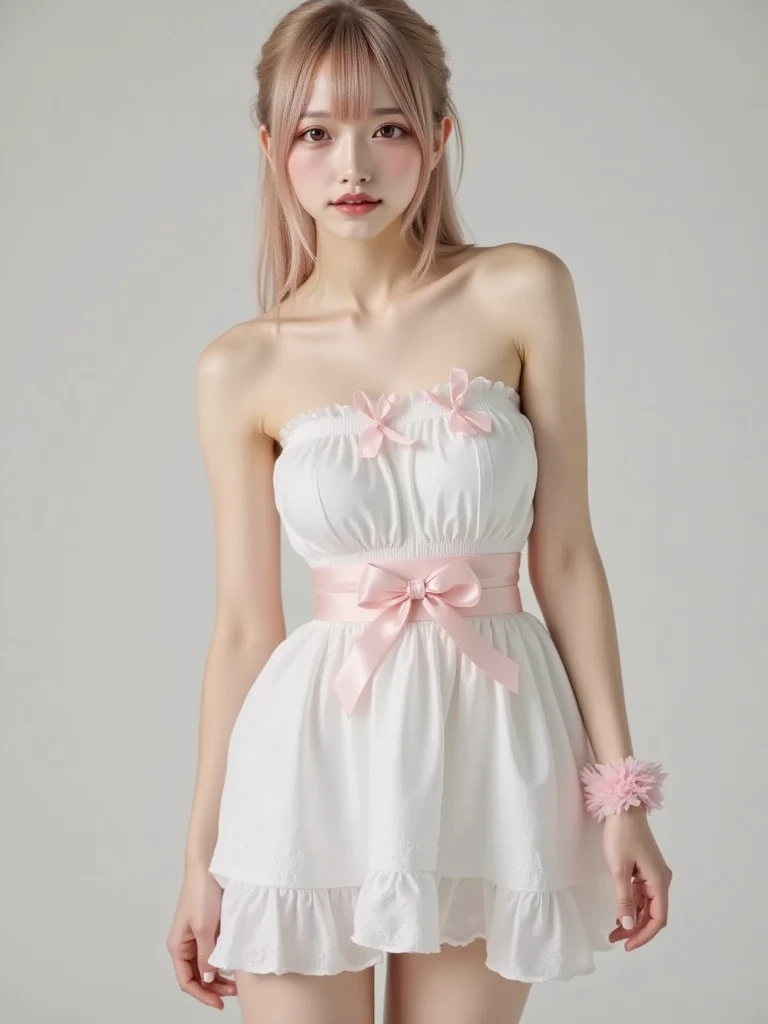 BREAK (white theme:1.3), (tube-top dress with (ribbon):1.4), (add on frilled:1.4) , (pink ribbon:1.6), (ribbon on chest:1.3), (pink belt with ribbon:1.5), (bare shoulder:1.2), (a lot of ribbon ornament:1.4), (ribbon bracelet:1.3), (stocking:1.2),
