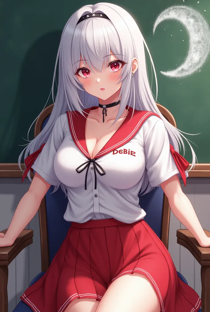 Make a anime sexy woman with white hair wearing a white red school uniform seating on chair with big boobs, with name " debie " on unifirm, with crescent moon drawing on board behind