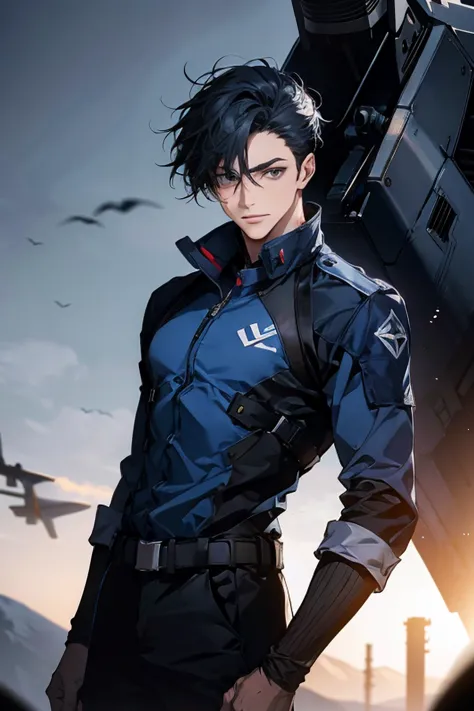 (Best picture quality, High res, Very high res), abstract, masculine, dark blue hair, 33 years old, dark blue eyes, jacket, black and  dark blue  pilot suit, dark blue gaze, calm, quiet, gentle smile, observatory, with wolf, dawn