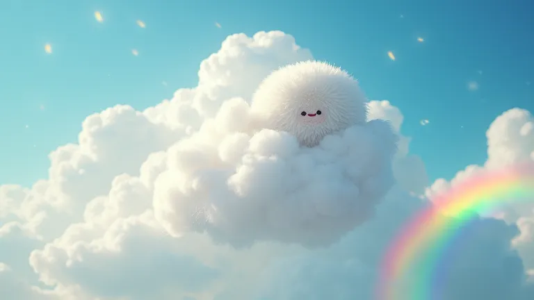 :Show Fluffy (a soft white cloud) realizing that rain is not just about growing big but about sharing and giving back. He makes a promise to continue gathering water and sharing it where it is needed. End the story with a beautiful rainbow appearing in the...