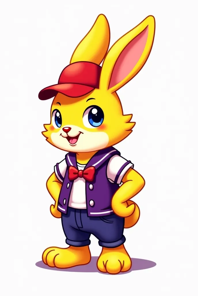 cartoon drawing of a yellow rabbit with a red hat and a purple vest, rabbt_character, fursona wearing stylish clothes, inspired by Kanbun Master, videogame character, madeline from celeste, loony tunes style, merged character, fursona!!!!, varguyart style,...