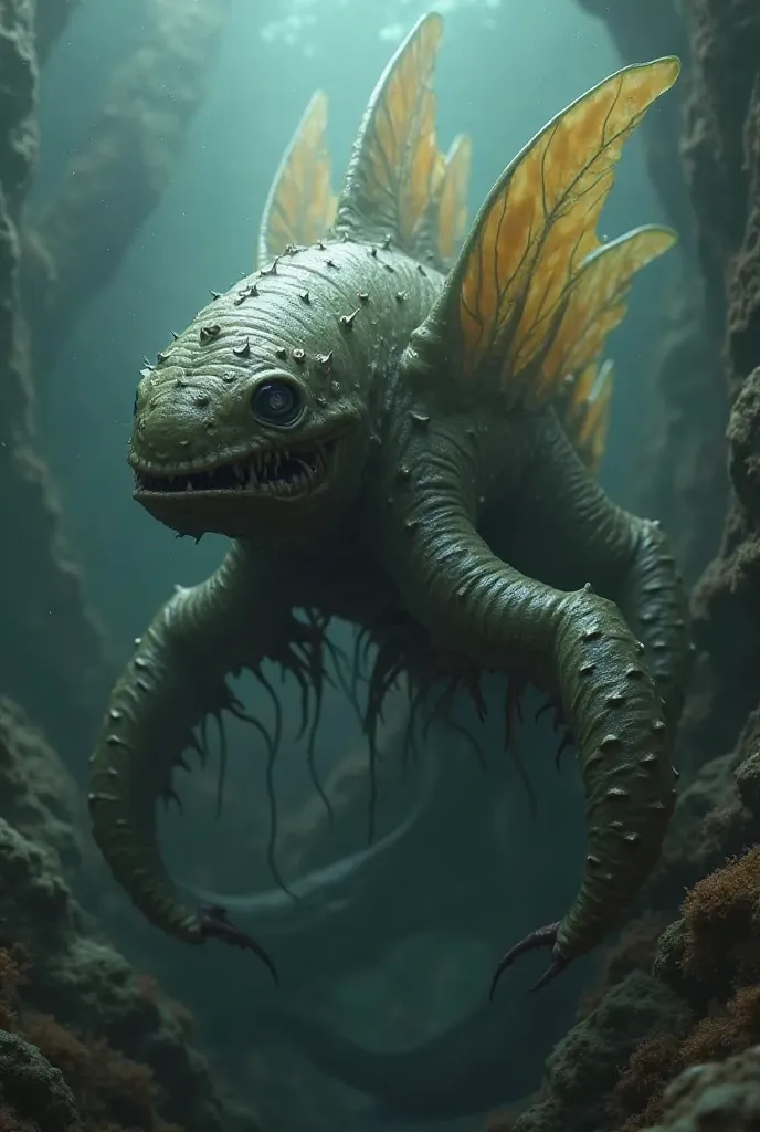 A repulsive-looking, uniform-looking sea creature, with small, black eyes, large, and scaleless dark yellow fins.