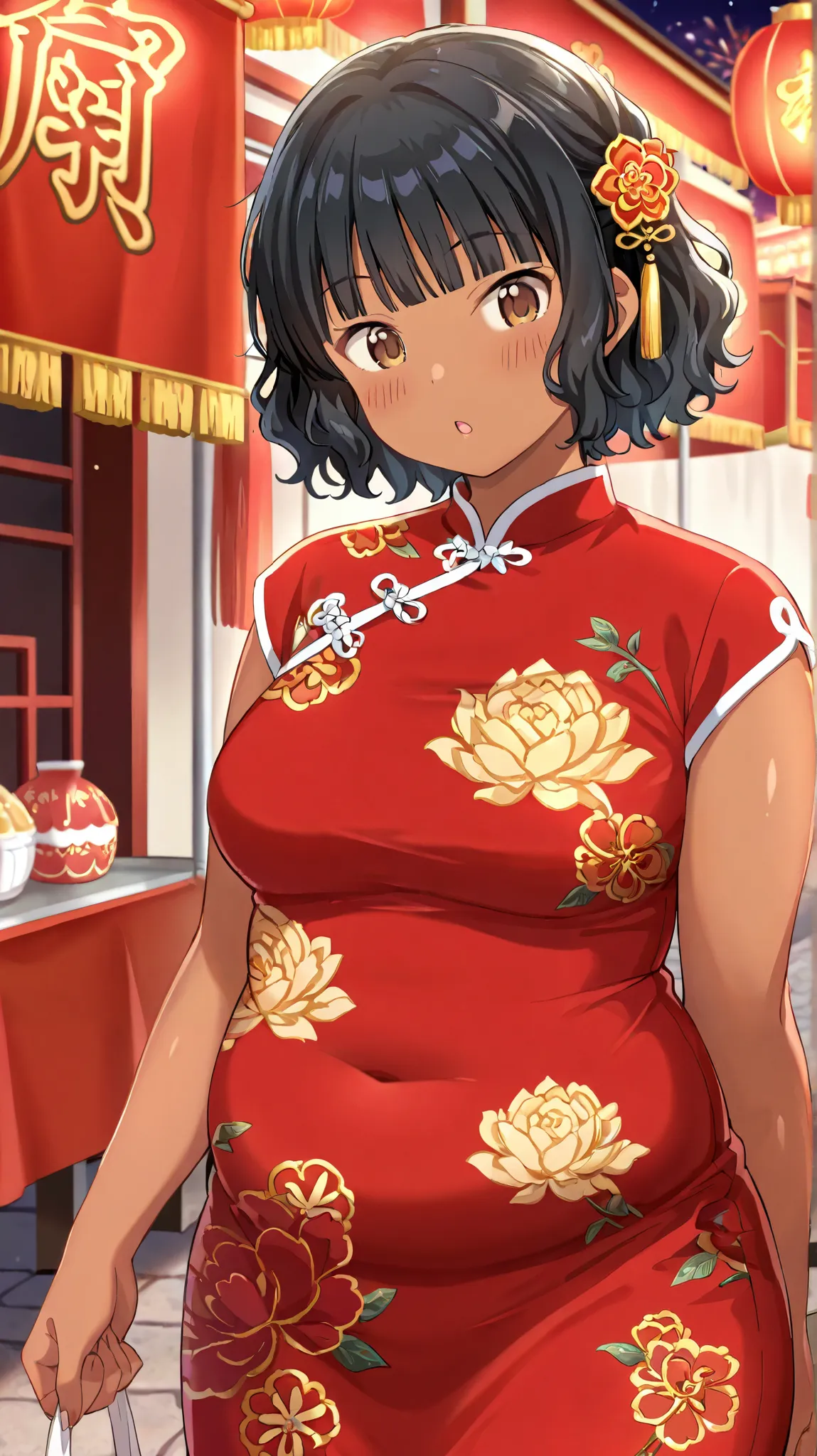 best_quality, detailed_ background, 1girl, chubby , medium breasts, brown skin, short hair, wavy hair, straight bangs, black hair, brown eyes, chinese festival, hair accessories