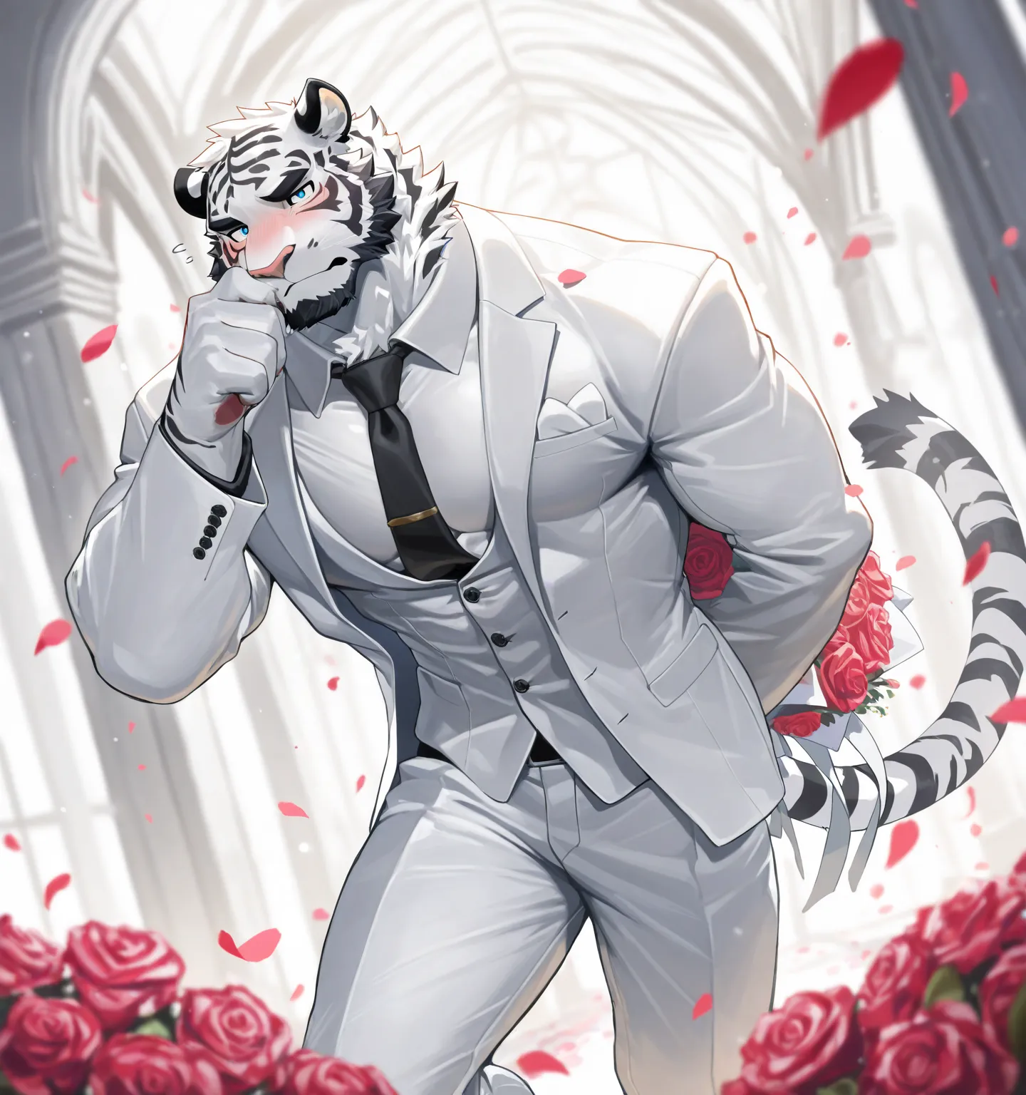 only one tiger with blue-white fur， mature ，furry ,  anthropomorphic face，Pectoralis major，blue eyes，Chief ，majestic， are wearing white suits， black beard， majestic temperament , Tiger with a black tie，Kicked on the ground and sat at the wedding venue ，Tig...