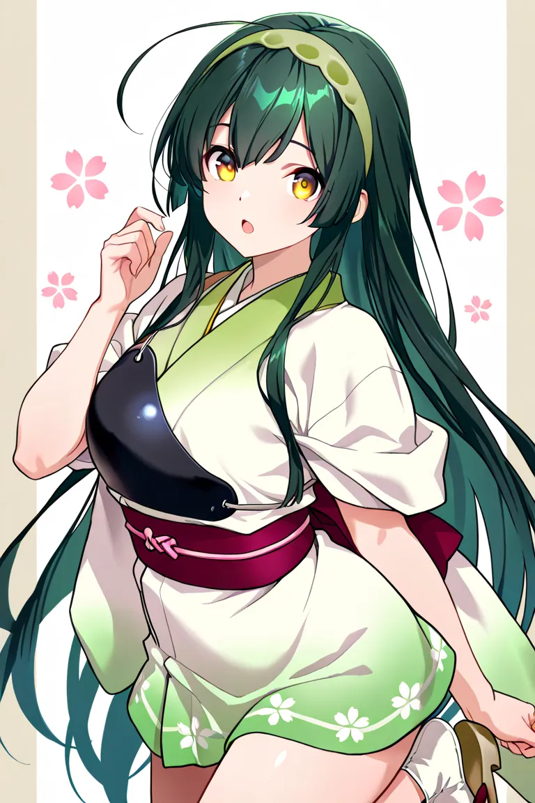 looking at viewer,1 boy,cowboy shot,best quality,high quality,masterpiece,LOng hair, open mouth, very long hair, yellow eyes, ahoge, hairband, japanese clothes, green hair, socks, kimono, sash, obi, sandals, tabi, muneate, short kimono, green hairband
